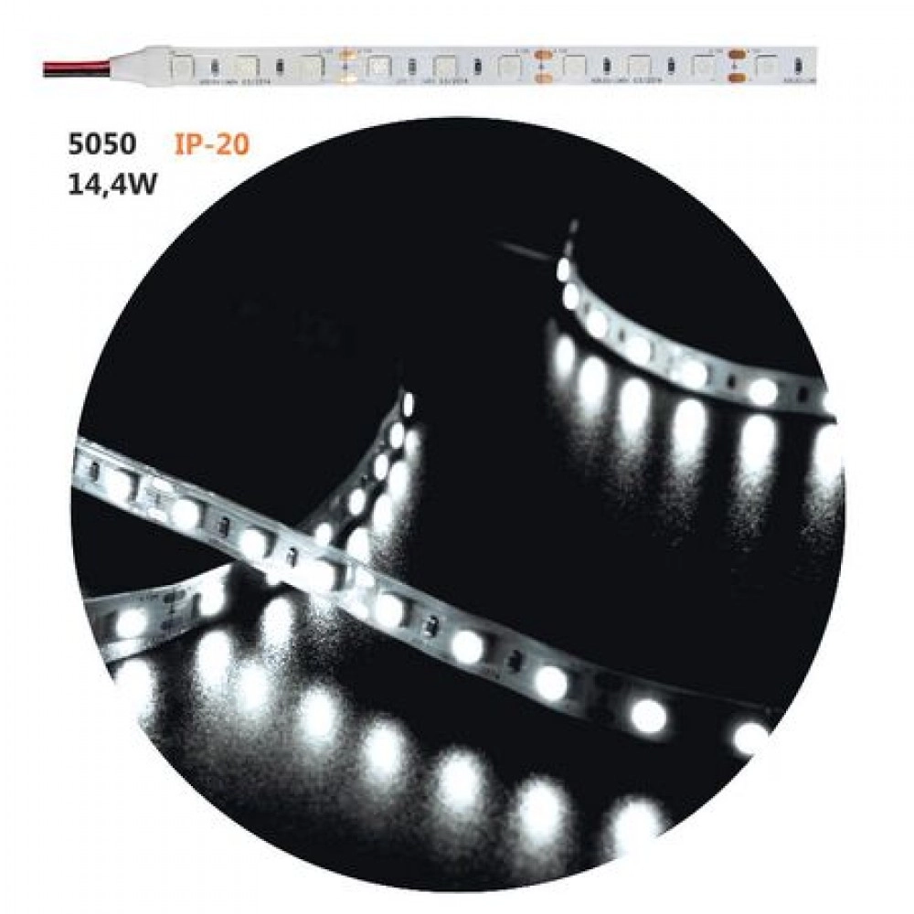 ΤΑΙΝΙΑ LED 5m 12VDC 14.4W/m 5050 60LED/m ΨΥΧΡΟ 6500K IP20