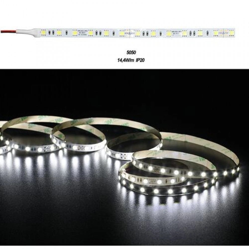ΤΑΙΝΙΑ LED 5m 24VDC 14.4W/m 5050 60LED/m ΨΥΧΡΟ 6500K IP20